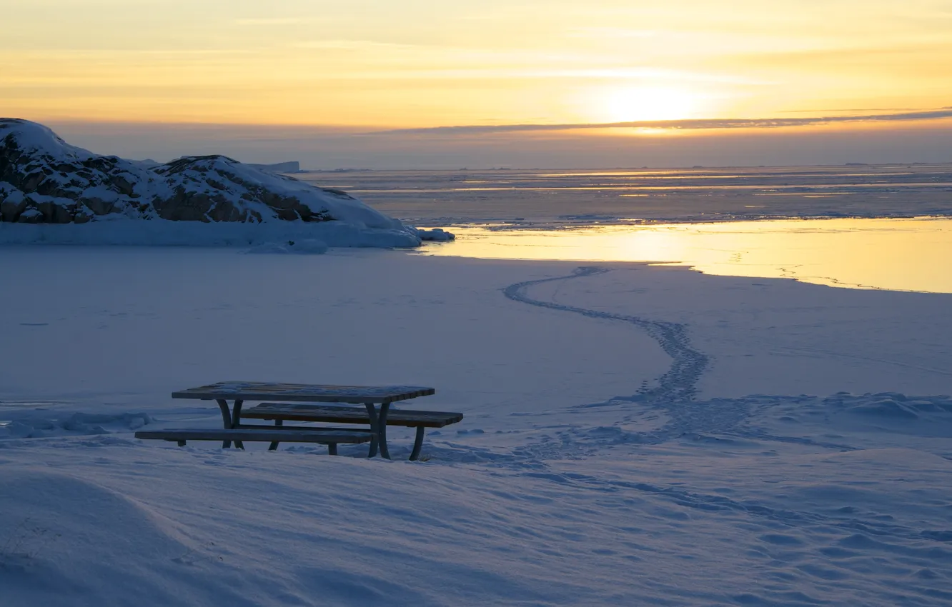 Photo wallpaper sea, snow, sunset, bench, table, the ocean, Greenland