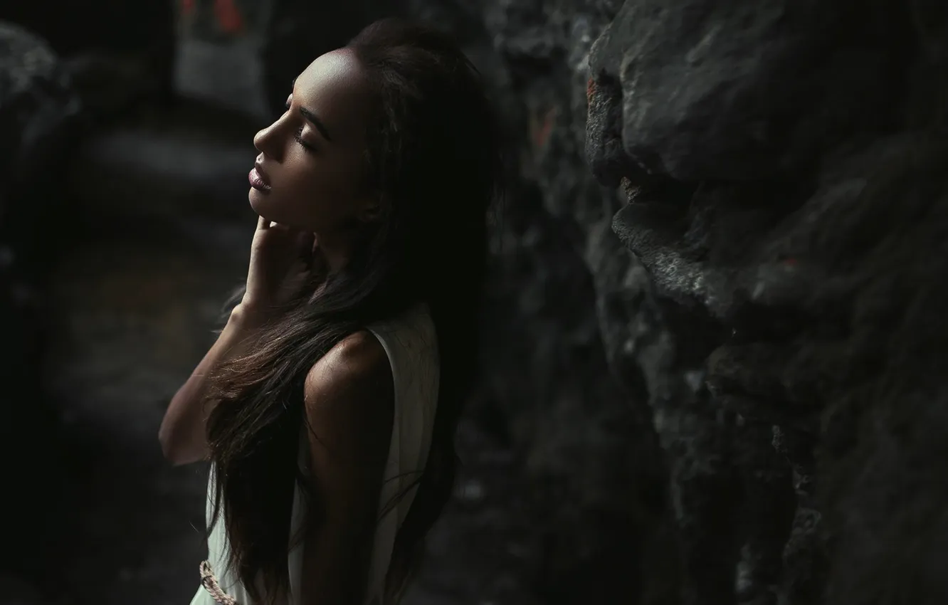 Photo wallpaper dark, black, dress, view, model, beauty, hair, female