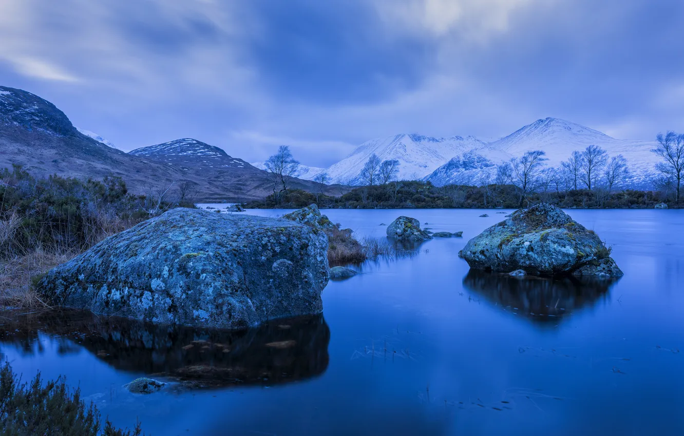 Photo wallpaper the sky, snow, trees, mountains, clouds, lake, stones