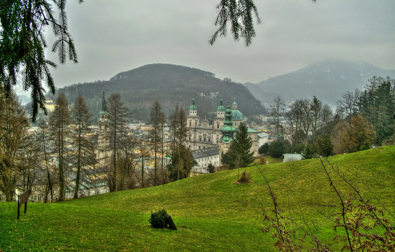 Photo wallpaper grass, trees, mountains, the city, home, Austria, haze, Salzburg