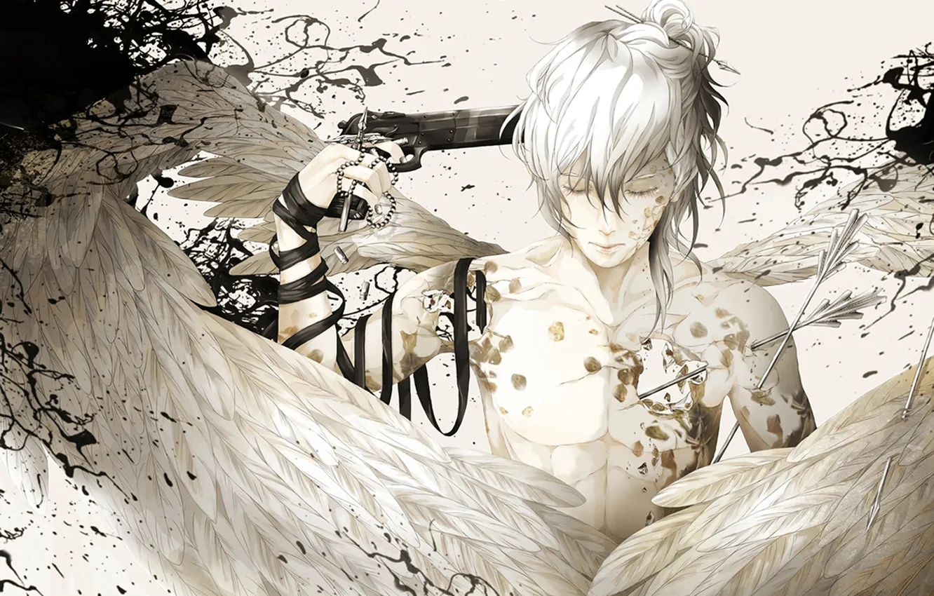 Photo wallpaper gun, wings, cross, tape, guy, arrows