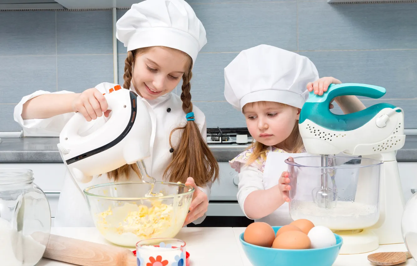 Photo wallpaper children, kitchen, girl, cook, cook, products, Little girls