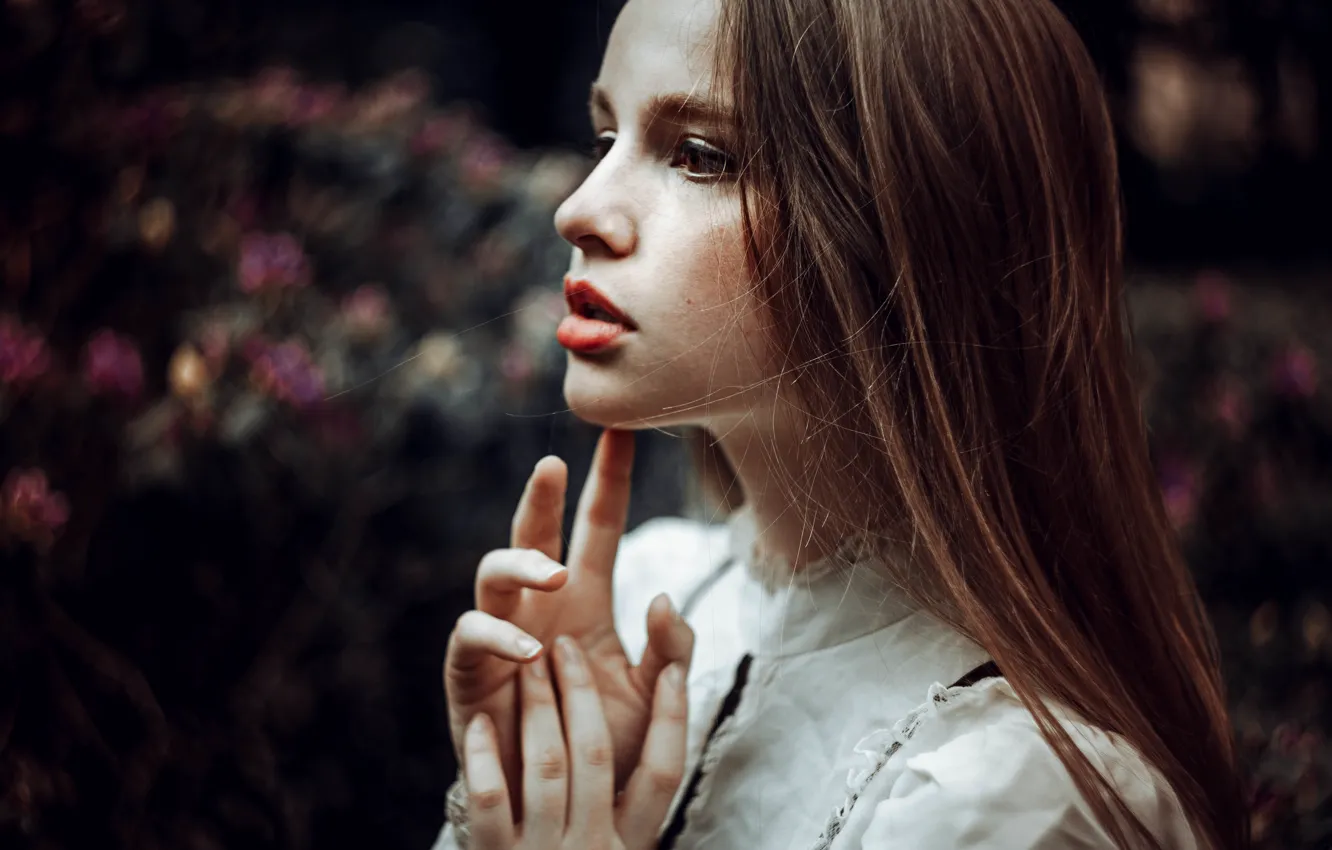 Photo wallpaper girl, face, background, model, hair, lips, profile