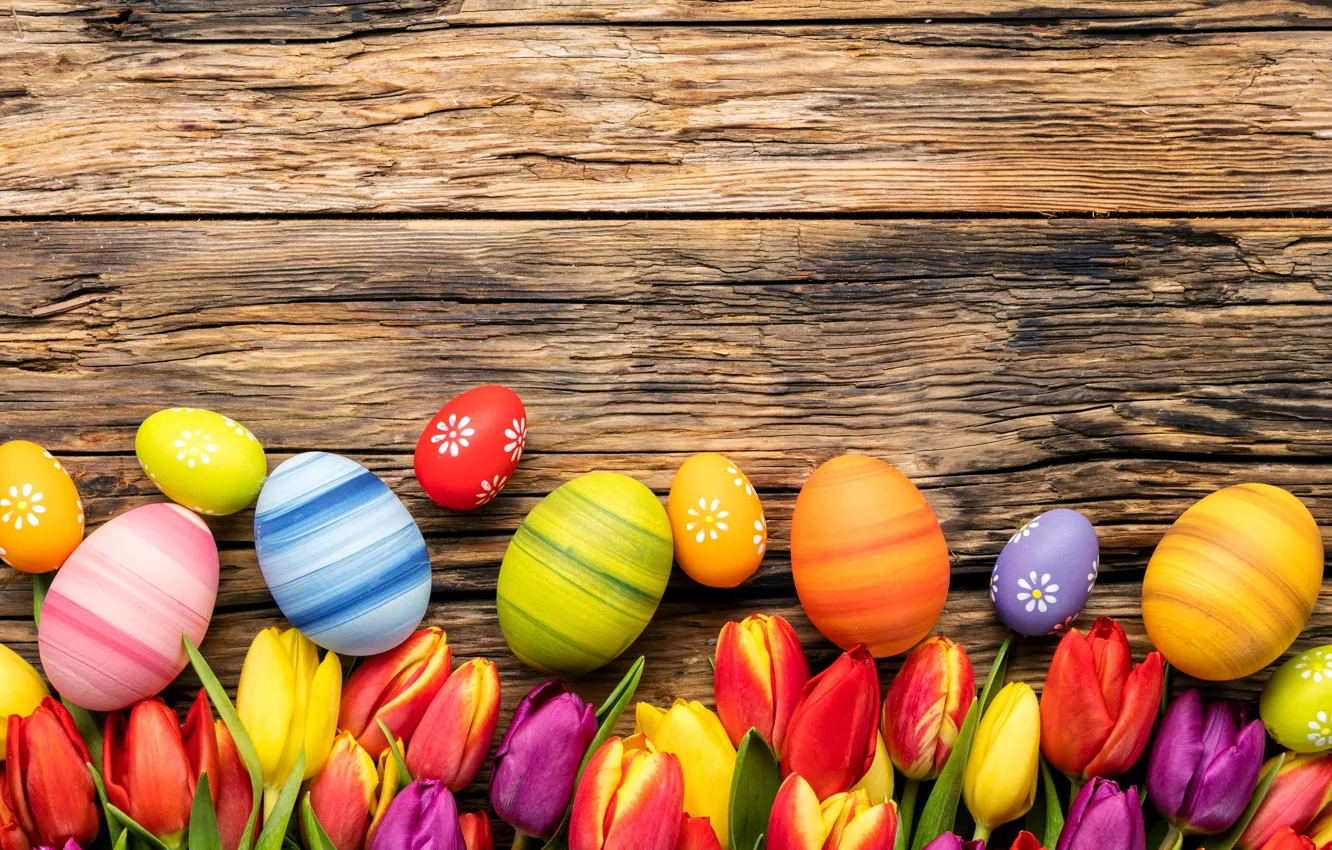 Photo wallpaper flowers, eggs, spring, colorful, Easter, tulips, wood, flowers