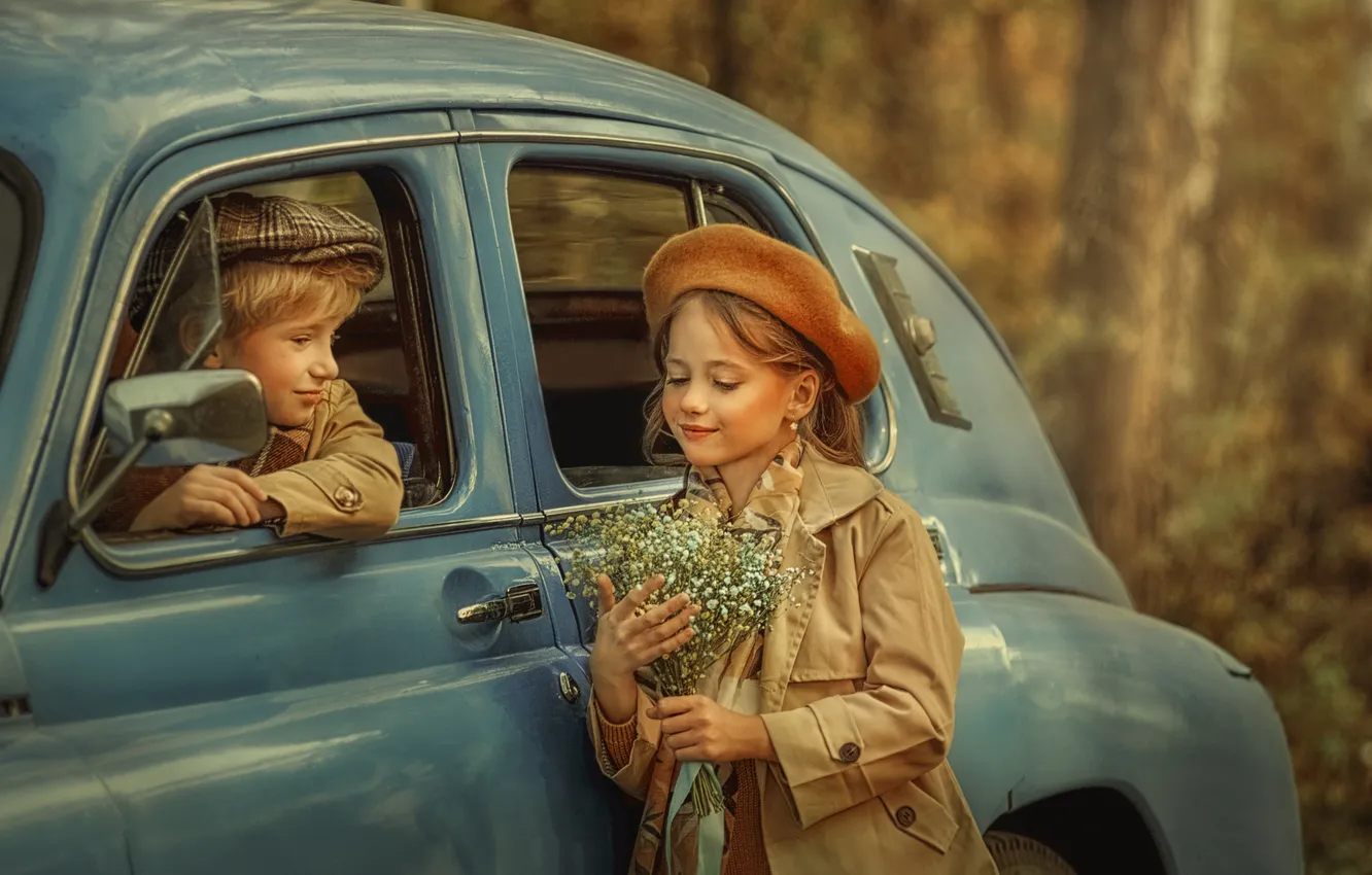 Photo wallpaper machine, retro, photoshoot, Julia Shchinova, Fedor and Mia