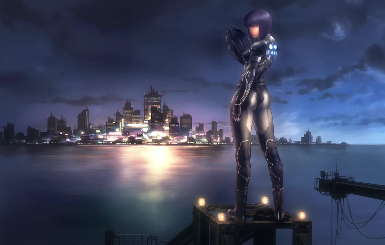 Photo wallpaper water, girl, the city, gun, Kusanagi Motoko, Ghost in the Shell