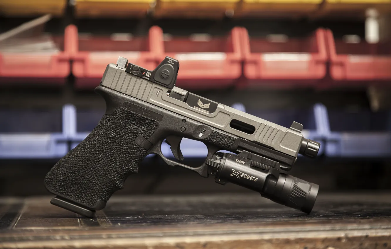 Photo wallpaper gun, background, flashlight, Glock, self-loading