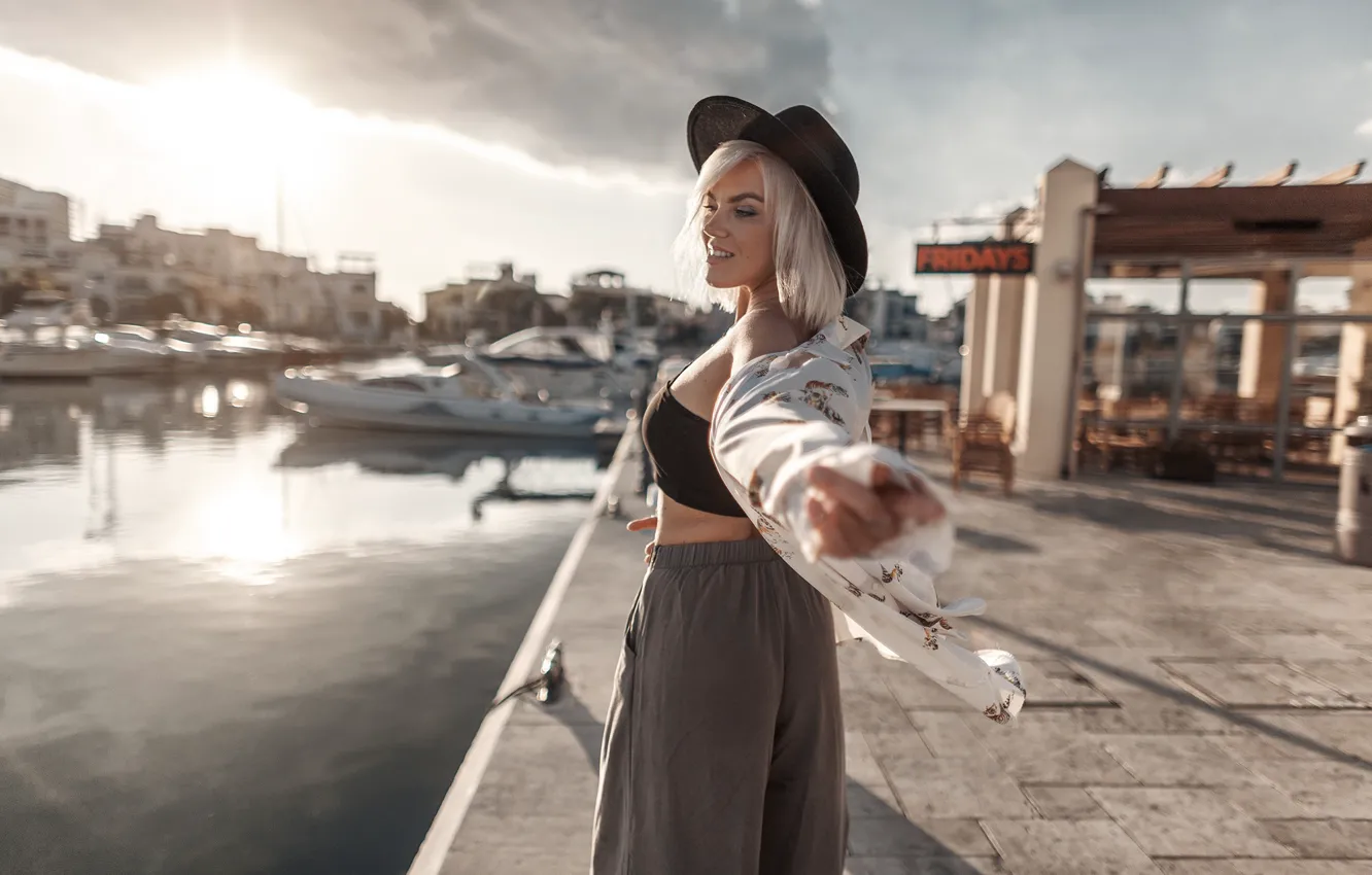 Photo wallpaper girl, yachts, boats, hat, pier, blonde, blouse, Gorelikov Andrew