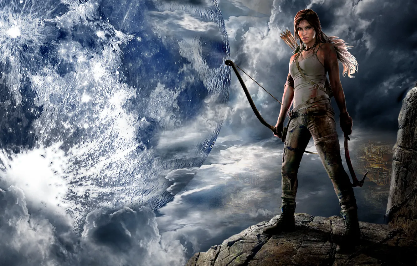 Photo wallpaper look, girl, game, the moon, Tomb Raider, Lara Croft