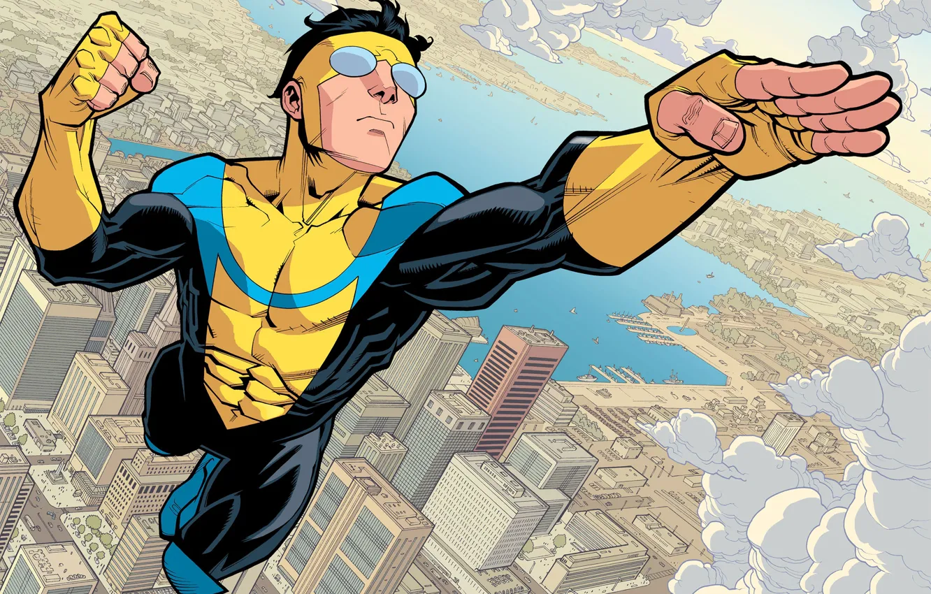 Photo wallpaper The city, Flight, Costume, City, Hero, Superhero, Hero, Comics