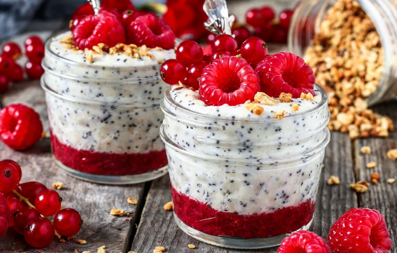 Photo wallpaper raspberry, currants, yogurt, granola