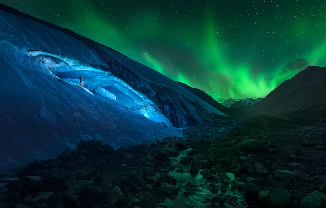 Photo wallpaper light, mountains, night, stones, rocks, people, Northern lights, glacier