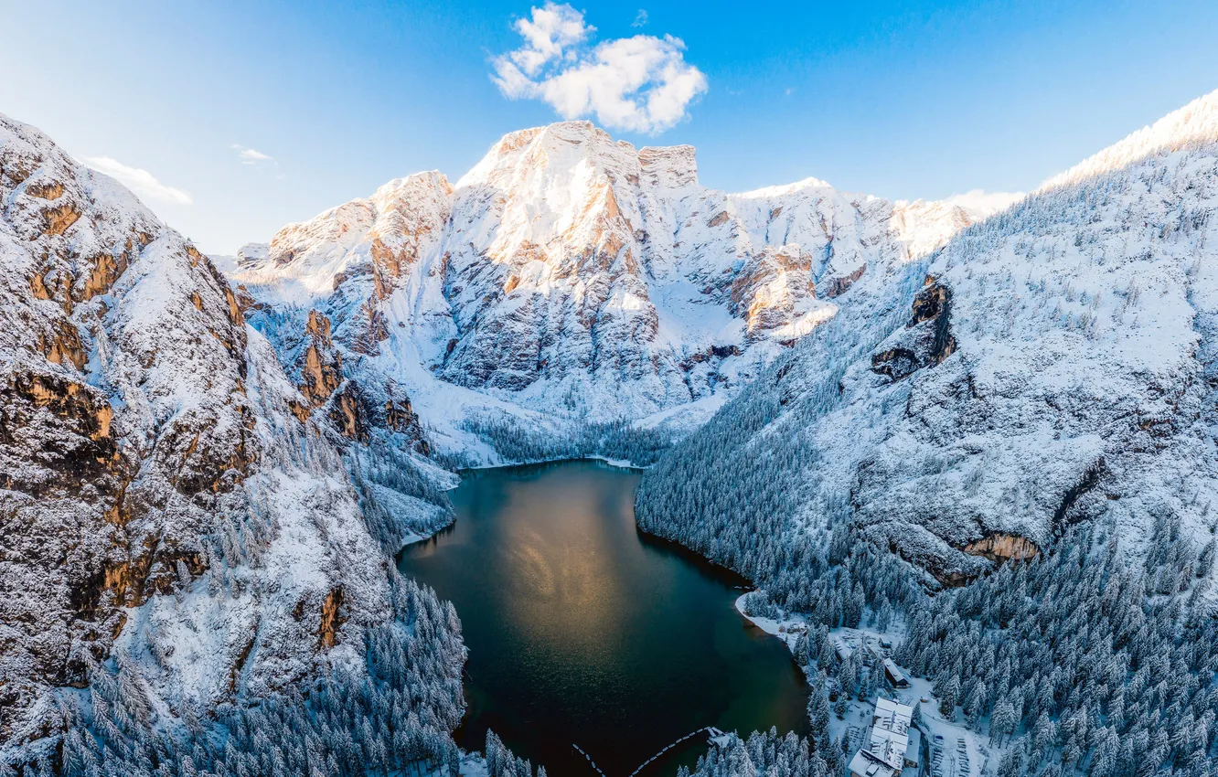 Photo wallpaper winter, snow, lake, space, Italy, the view from the top, The Dolomites, Tyrol