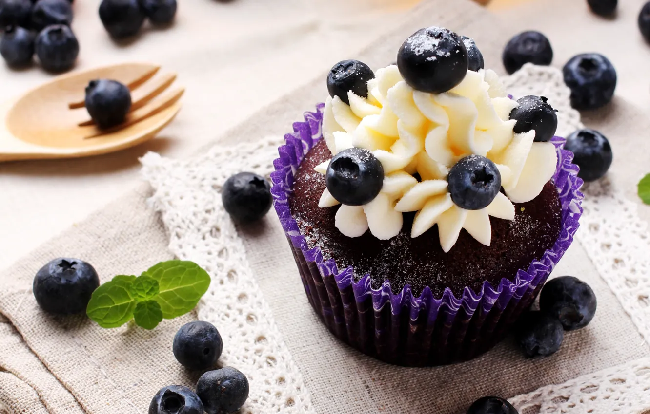 Photo wallpaper berries, blueberries, cream, dessert, cakes, sweet, cupcake