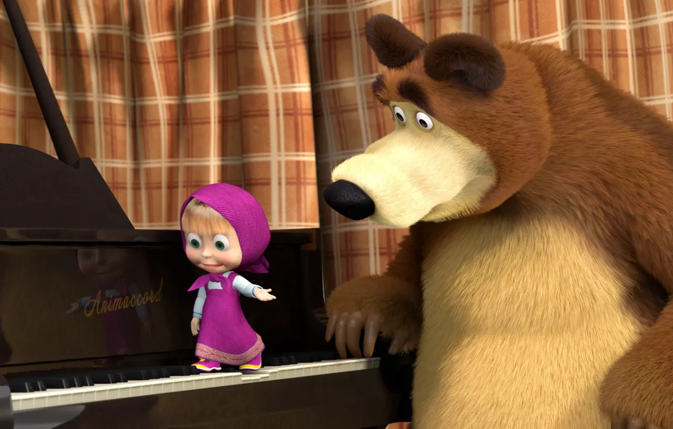 Photo wallpaper cartoon, surprise, keys, piano, Masha and the bear