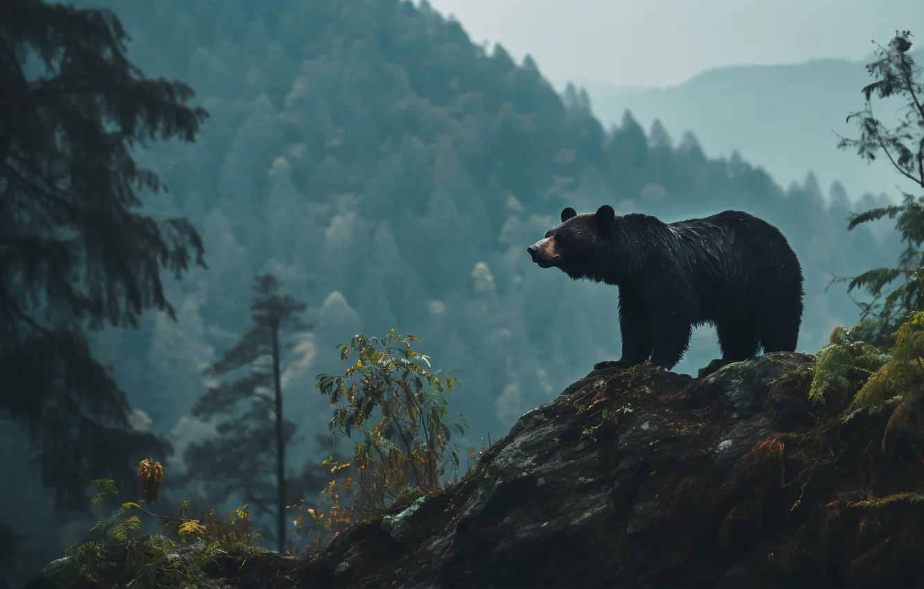 Photo wallpaper trees, mountains, predator, bear, digital art, Black bear, AI art, The Art of Artificial Intelligence