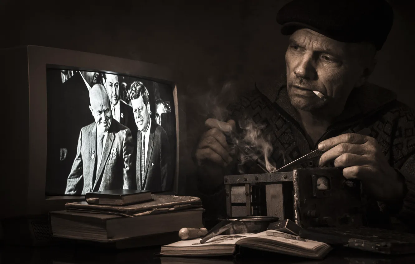 Photo wallpaper TV, book, male, USSR, a cigarette, John Kennedy, John F. Kennedy, Soldering