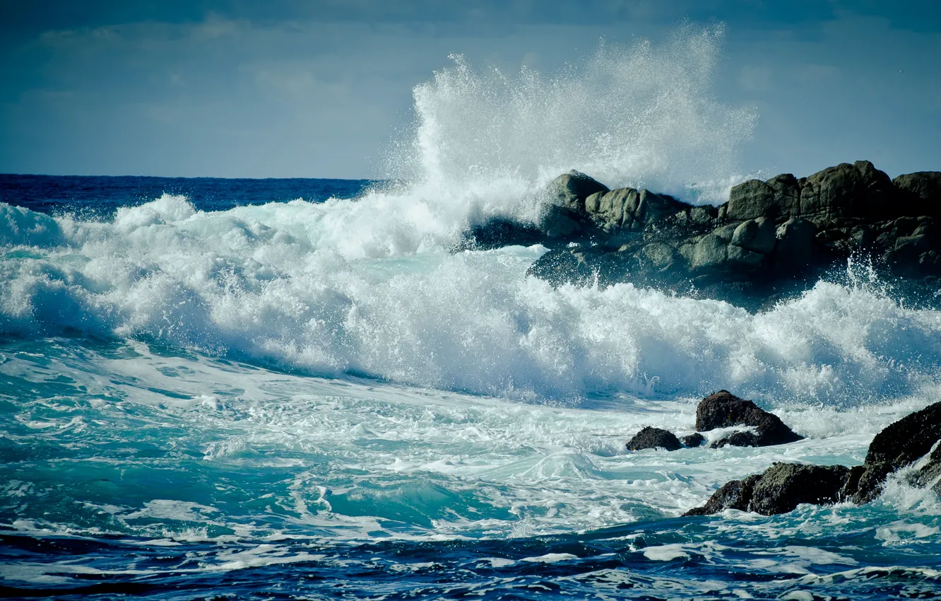 Photo wallpaper sea, wave, foam, water, drops, squirt, storm, rock