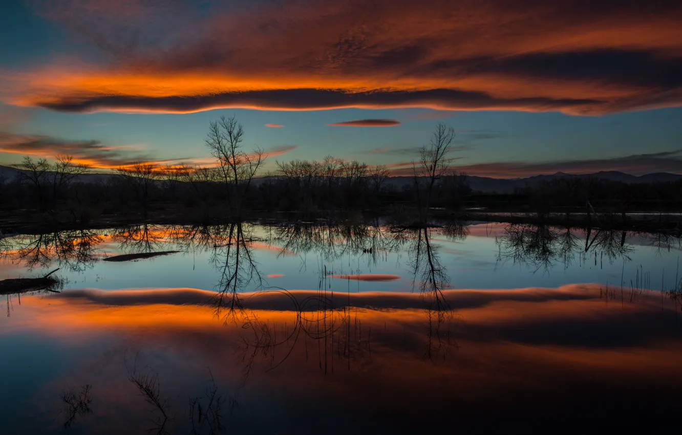Photo wallpaper the sky, water, reflection, trees, clouds, nature, lake, the evening