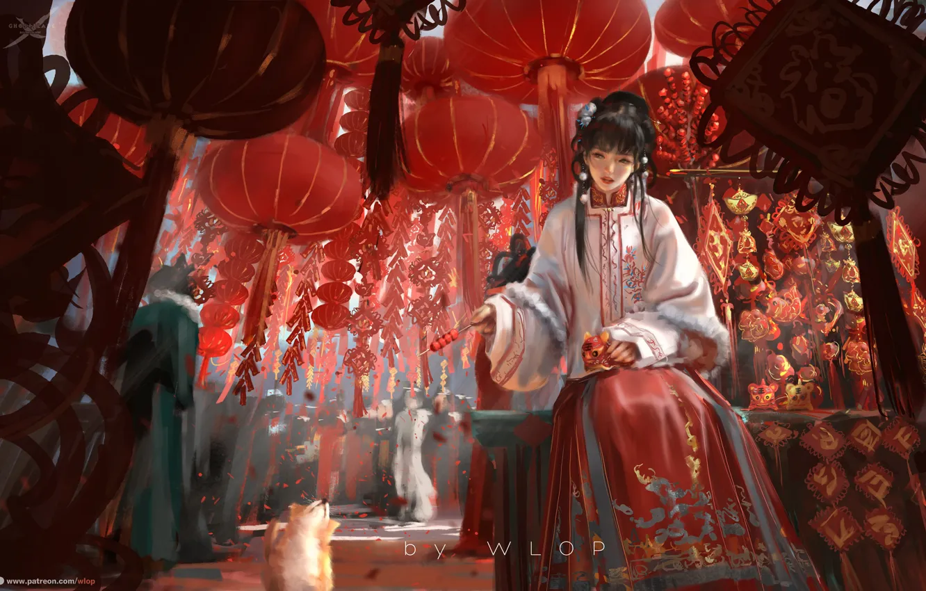 Photo wallpaper girl, animal, figure, items, slaps, Chinese New Year, Ghost Blade