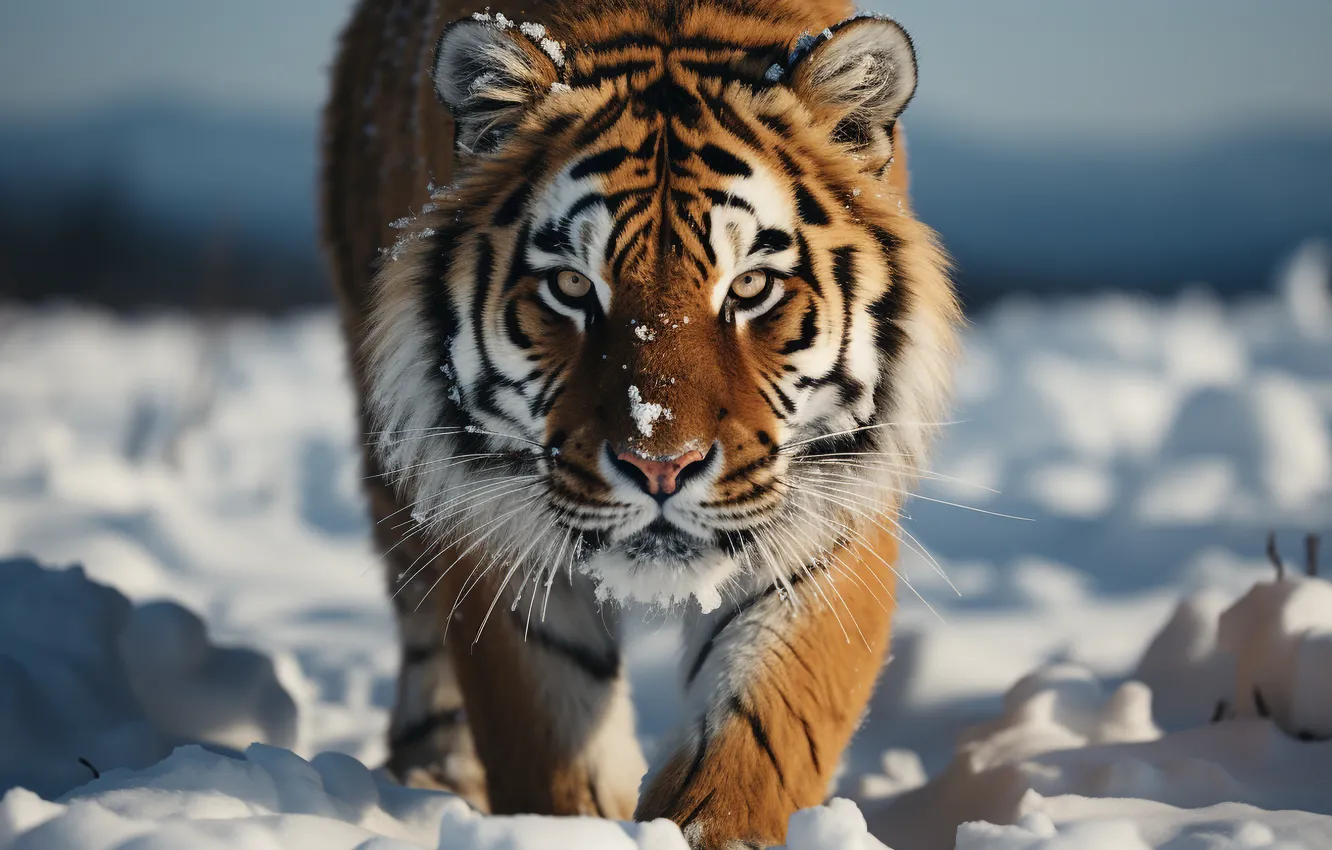 Photo wallpaper winter, look, face, snow, tiger, predator, big cat, digital art