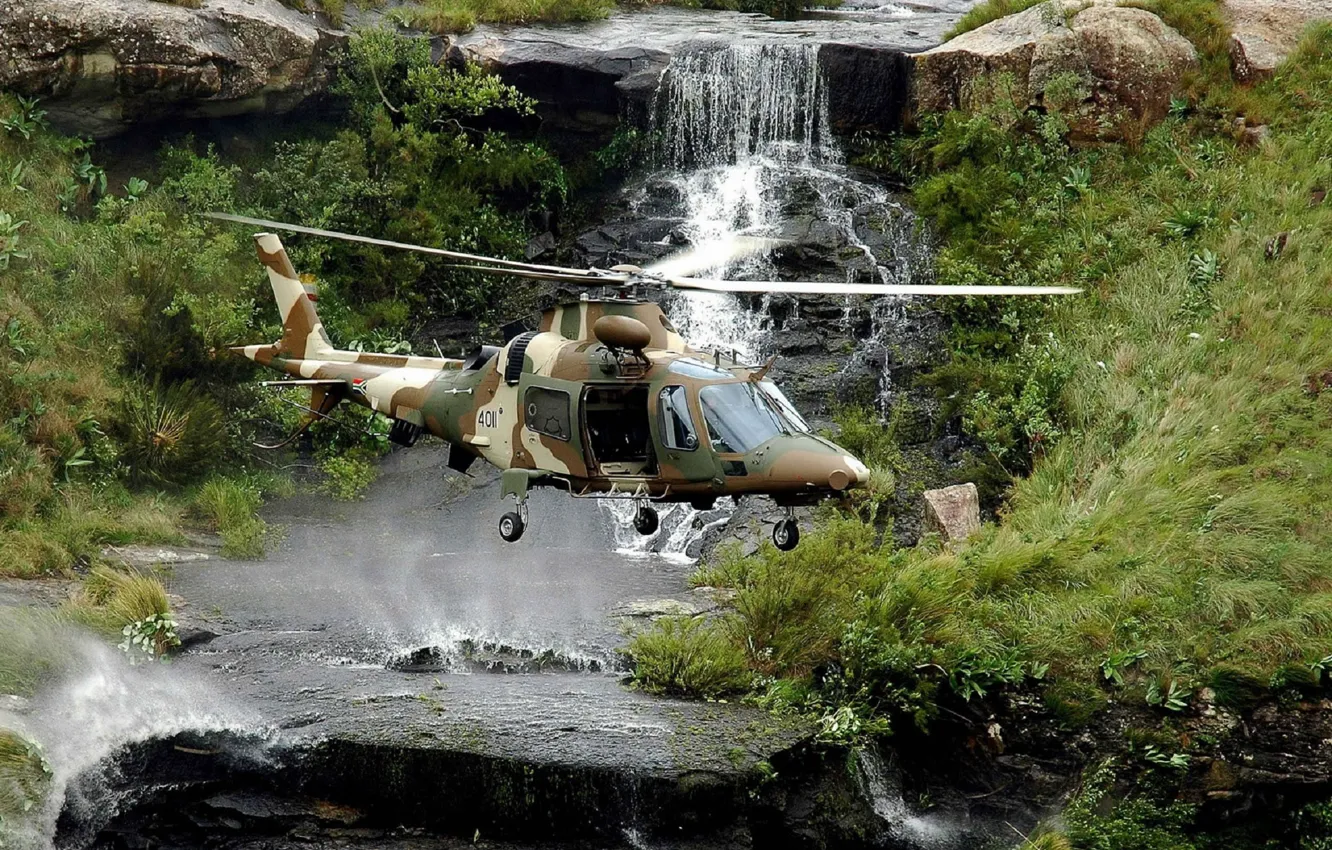 Photo wallpaper grass, stones, waterfall, helicopter, South Africa, swallow, multipurpose, Agusta