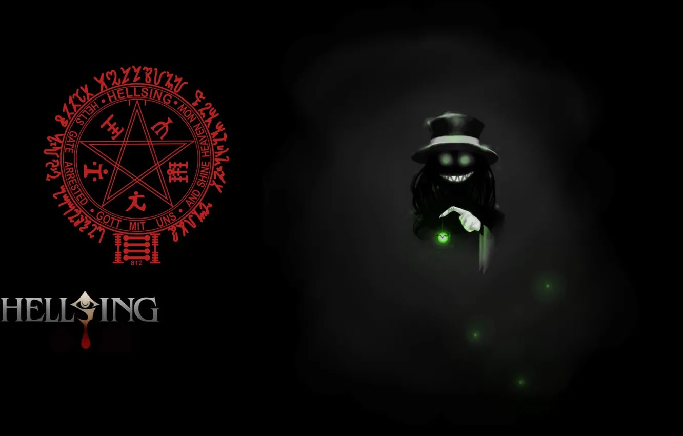 Photo wallpaper fireflies, symbol, vampire, Hellsing, pentagram, Alucard, burning eyes, in the darkness