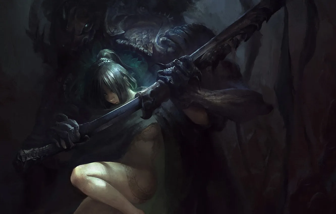 Photo wallpaper monster, sword, protection, tattoo, art, girl