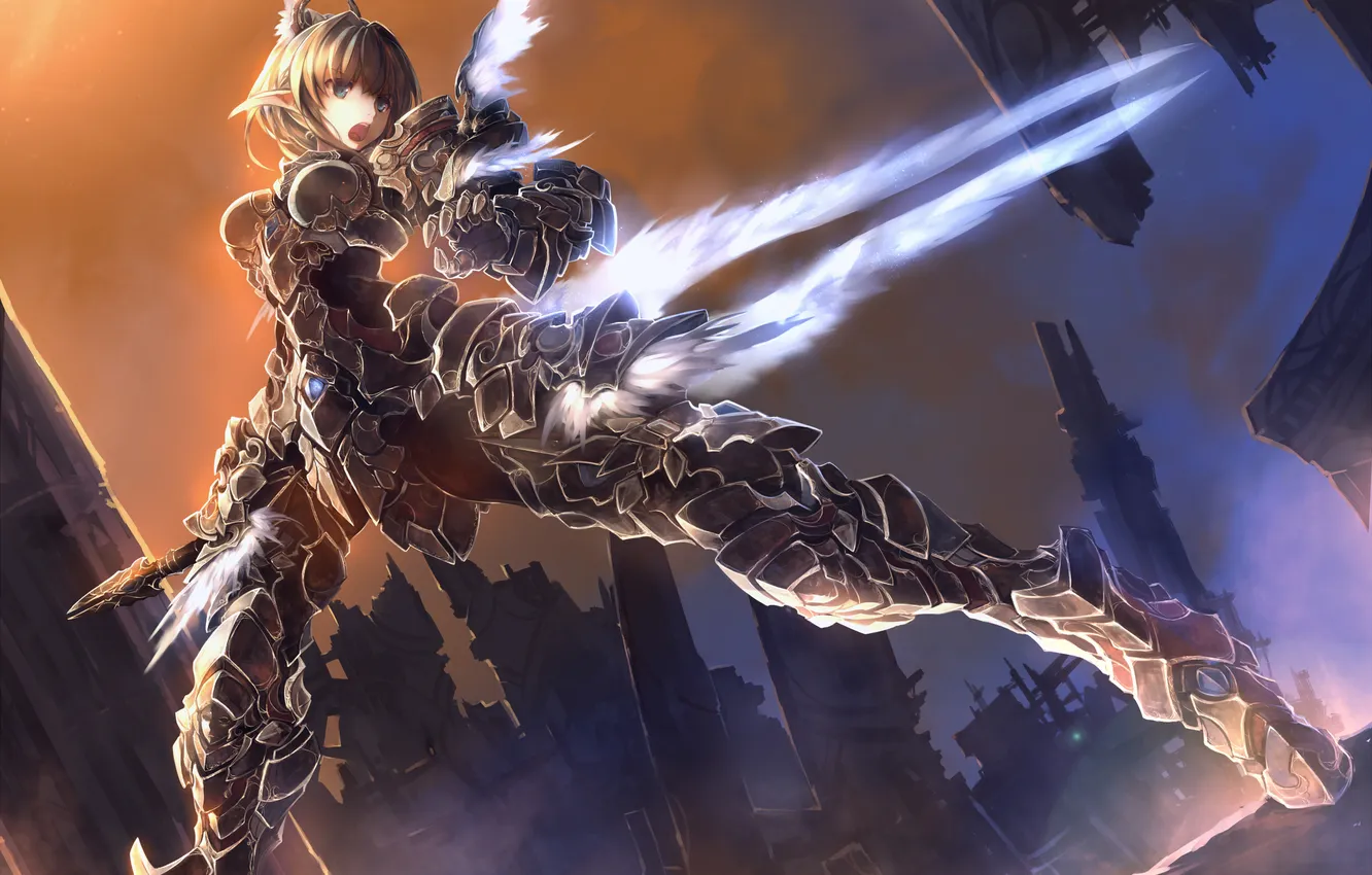 Photo wallpaper girl, flight, weapons, anger, wings, armor, World of Warcraft, gesture