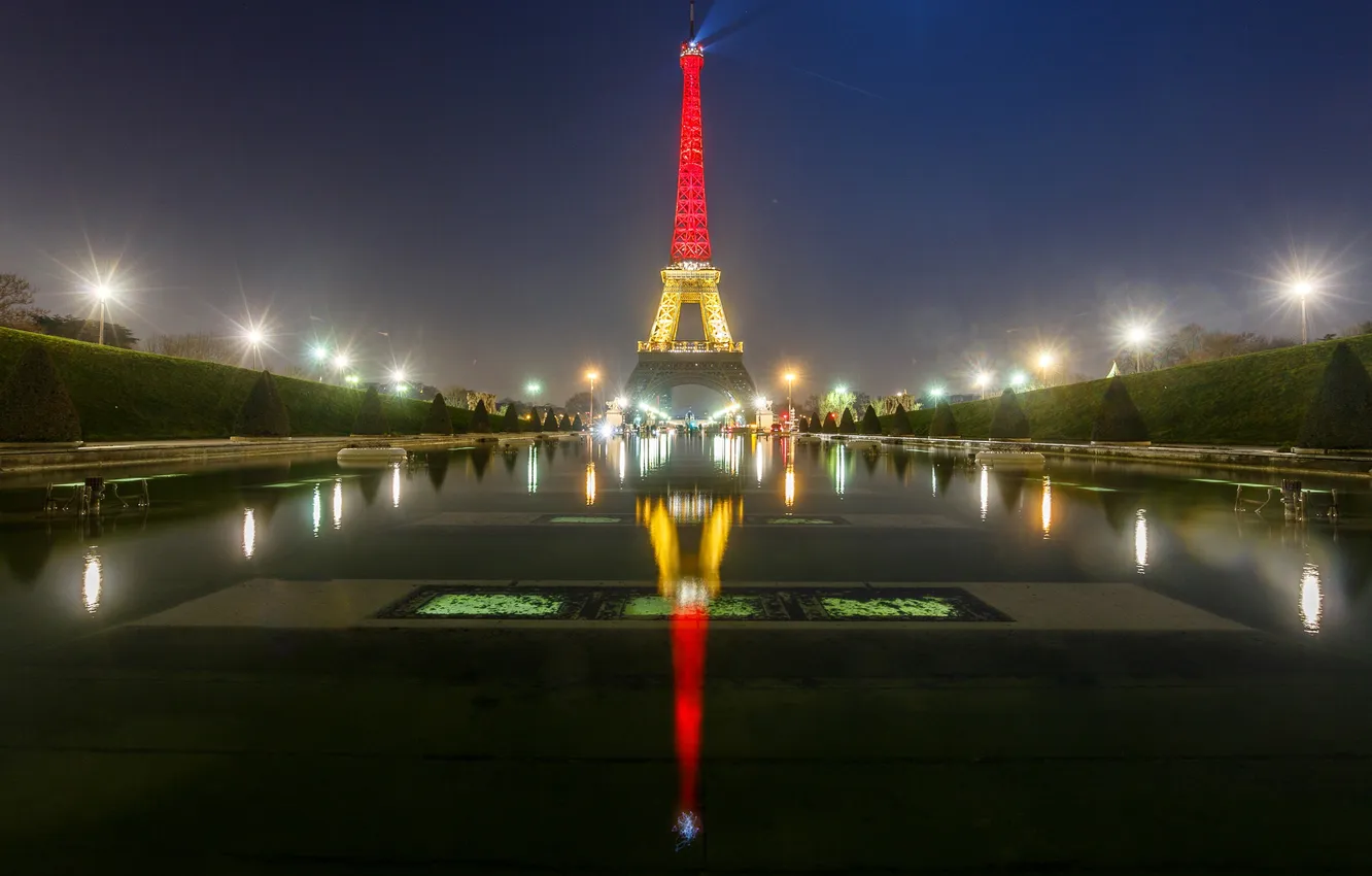 Photo wallpaper night, lights, reflection, France, Paris, Eiffel tower