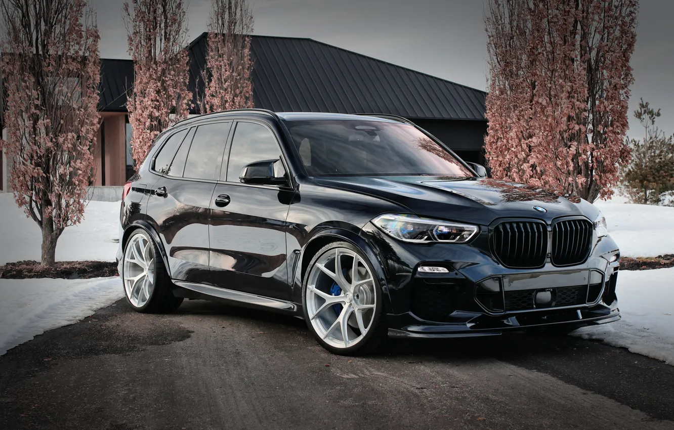Photo wallpaper BMW, Winter, Black, Snow, SUV, X5M, LED