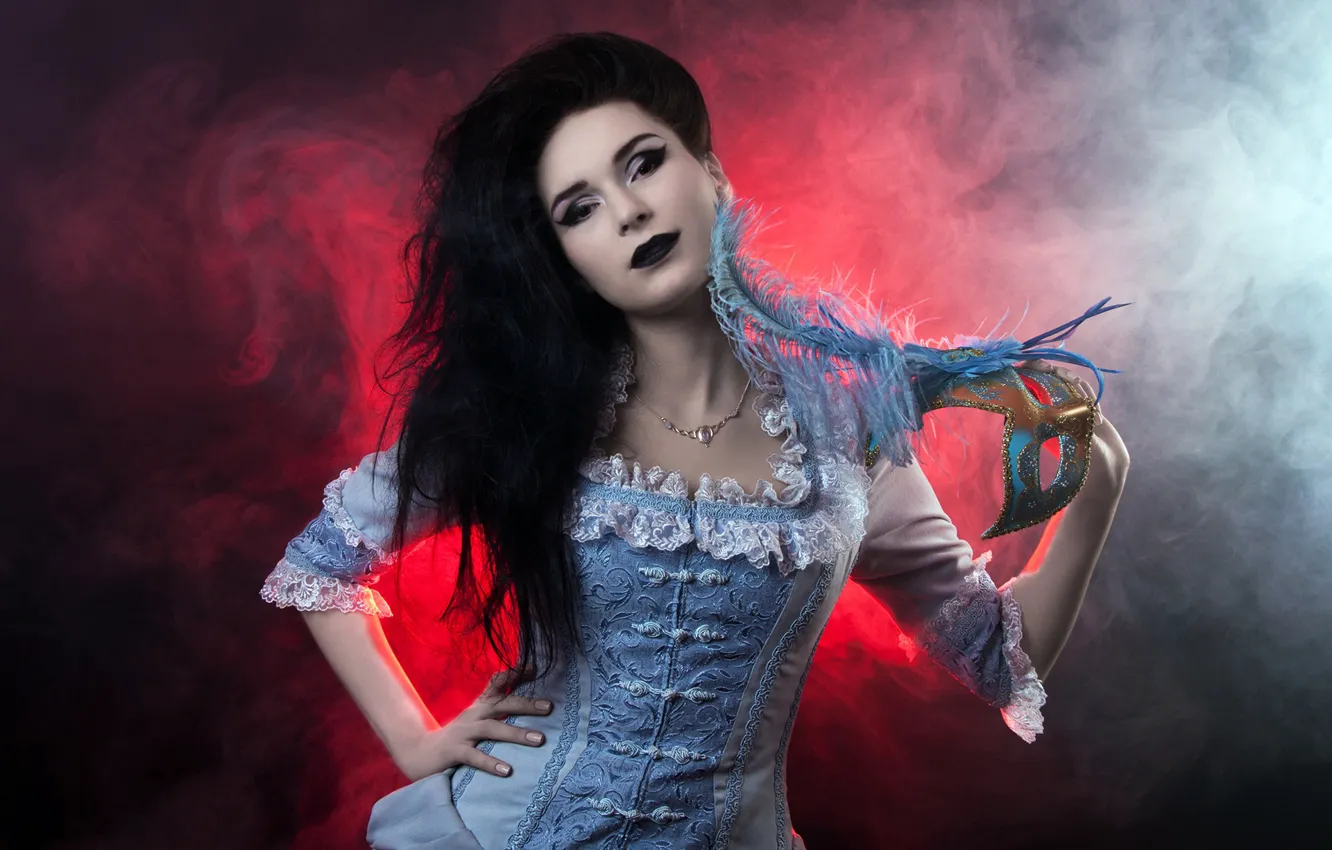 Photo wallpaper look, pose, style, background, smoke, portrait, feathers, makeup
