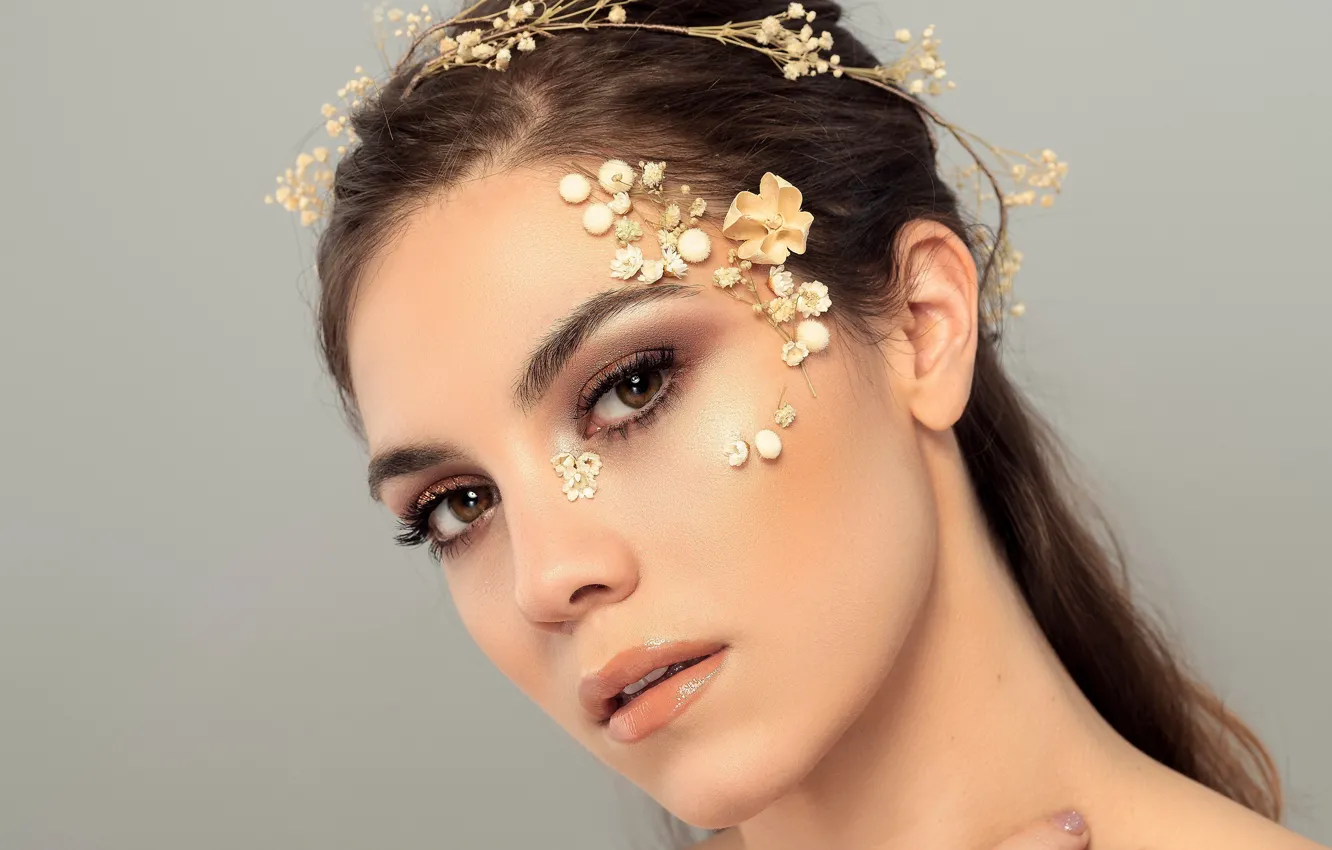 Photo wallpaper look, girl, flowers, face, style, makeup