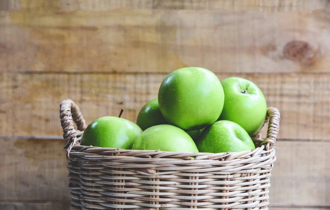 Photo wallpaper green, background, apples, Board, food, fruit, basket