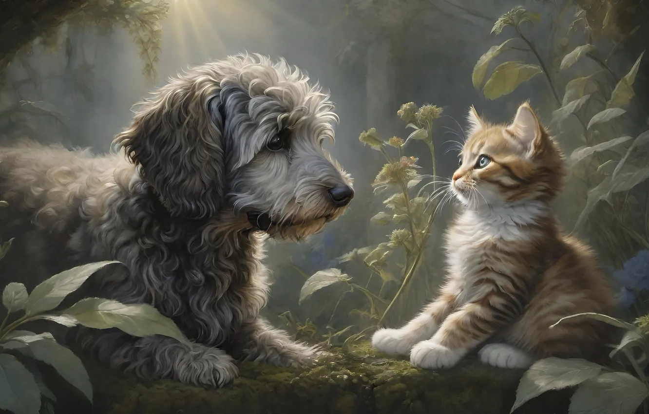 Photo wallpaper cat, cat, look, leaves, rays, light, nature, pose