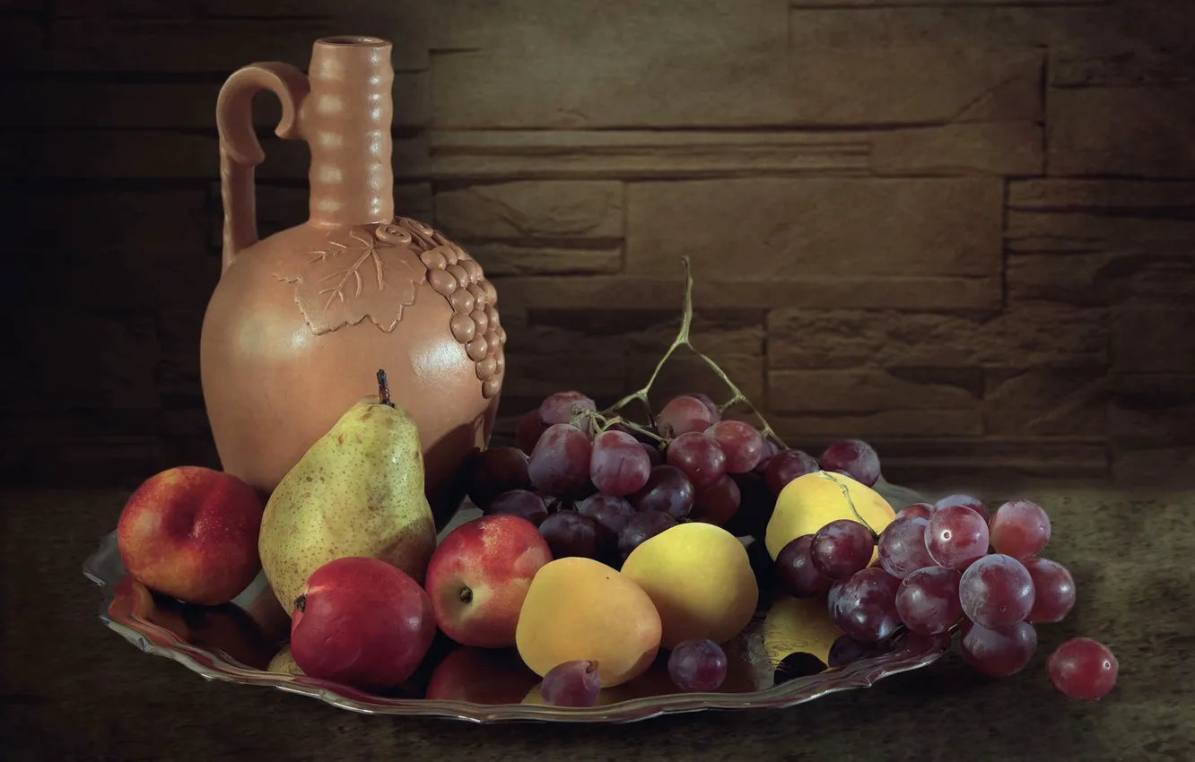 Photo wallpaper grapes, pitcher, fruit, pear, nectarine