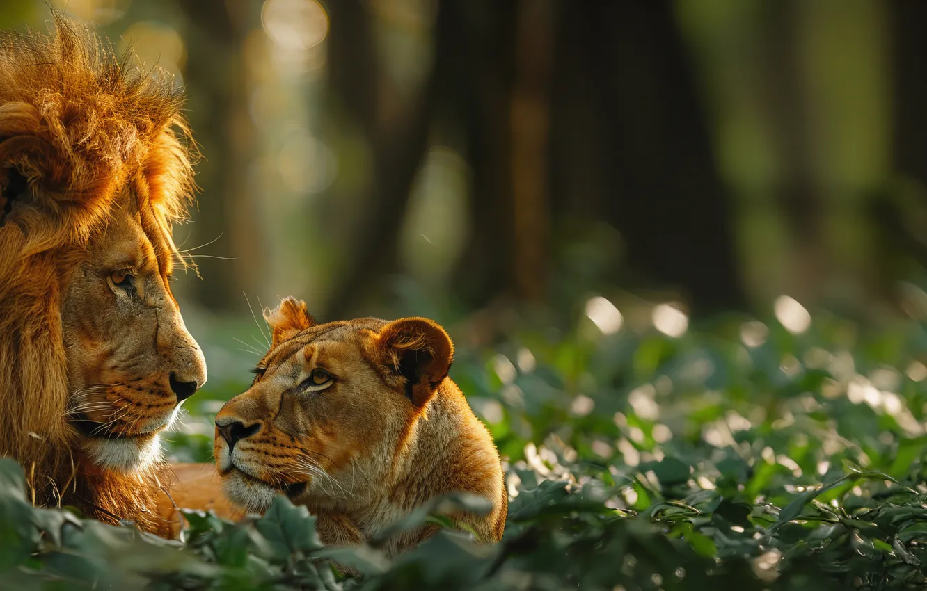 Photo wallpaper Lioness, Leo, Two, Digital art, Predators, Big Cats, AI art, The Art of Artificial Intelligence