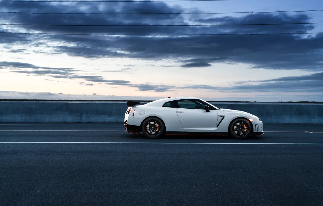 Photo wallpaper Nissan, GT-R, Car, White, Side, R35, Sport, Road