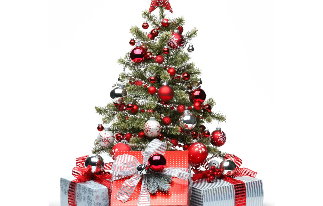 Photo wallpaper winter, red, balls, star, tree, gifts, New year, box