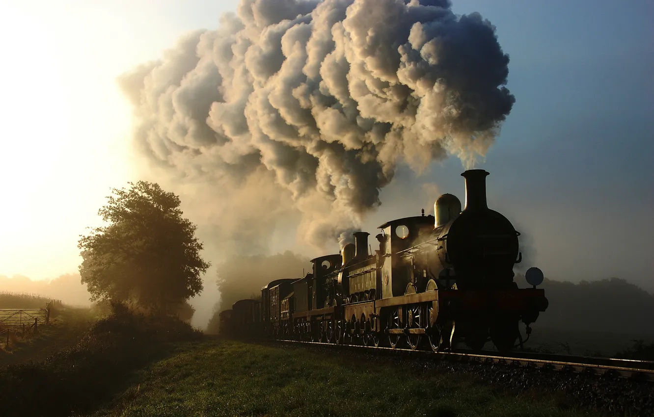 Photo wallpaper nature, smoke, train, the engine, cars, railroad
