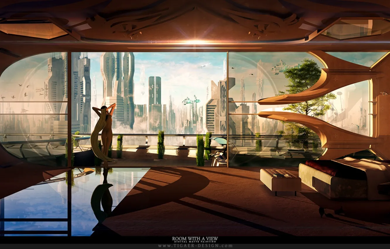 Photo wallpaper girl, trees, the city, room, view, window, panorama, the room