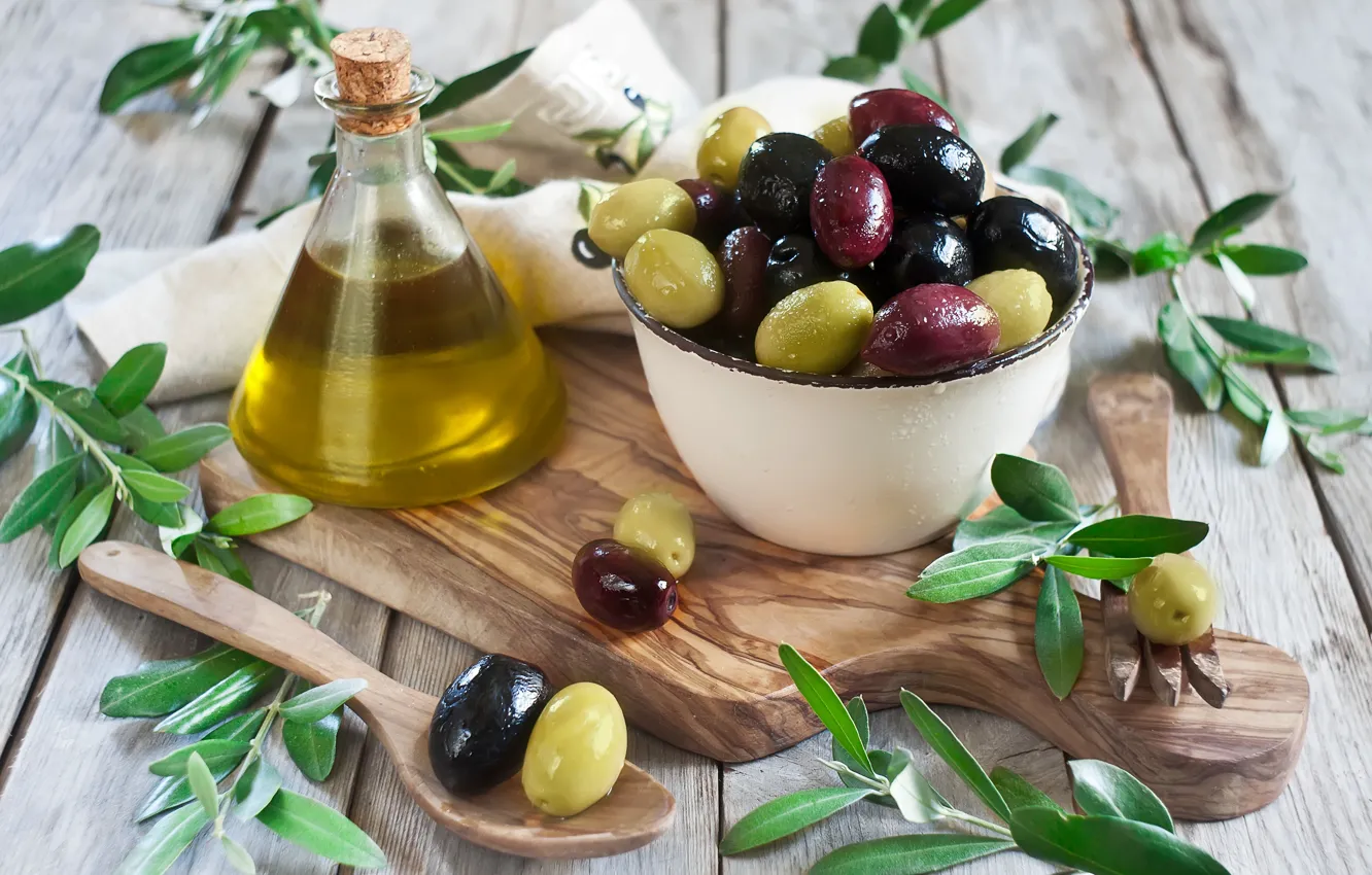 Photo wallpaper plate, Board, bowl, olives, leaves, leaves, napkin, olive oil