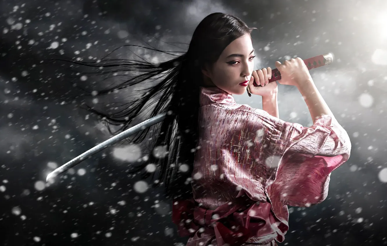 Photo wallpaper snow, sword, kimono, May, Samurai Girl