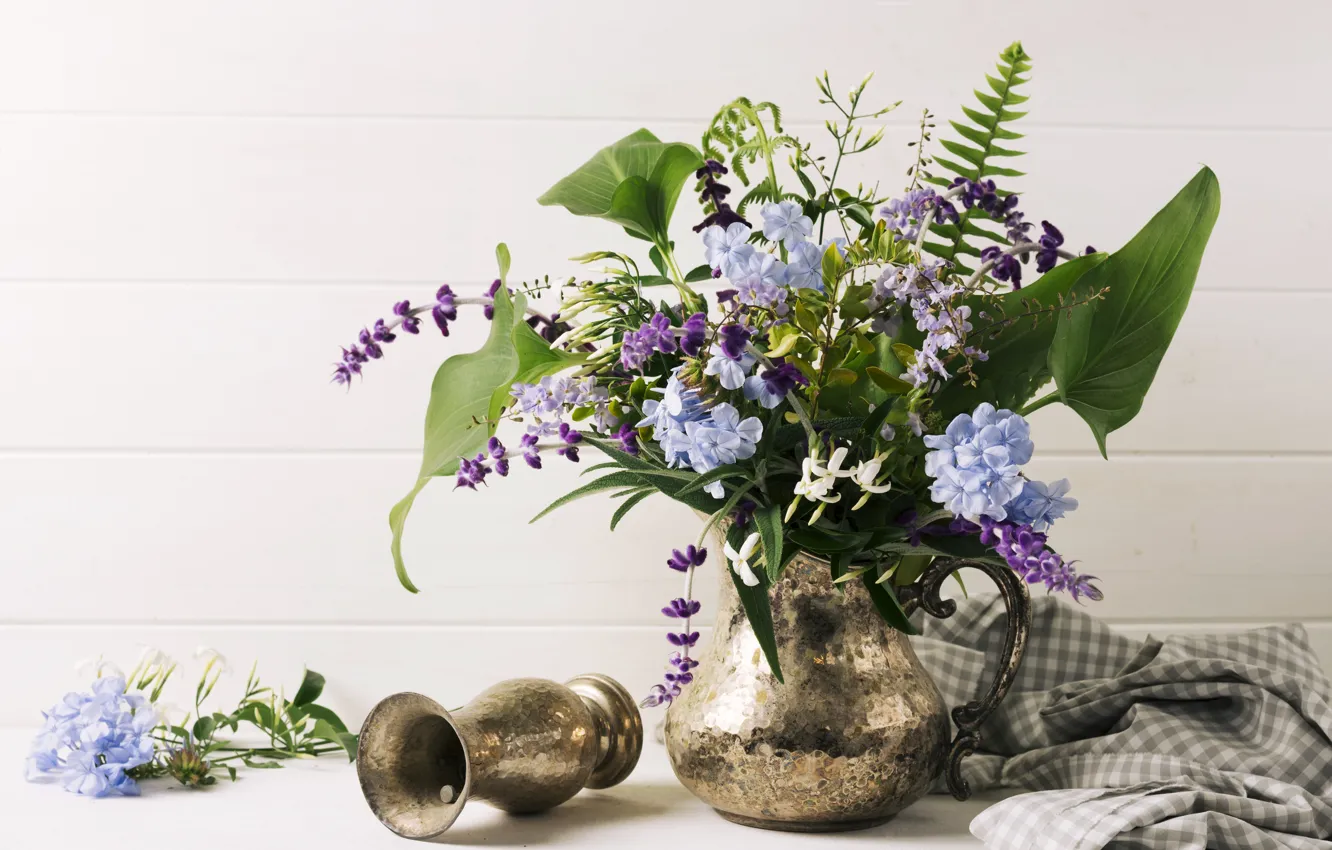 Photo wallpaper flowers, table, bouquet, vase, pitcher, composition, Bouquet