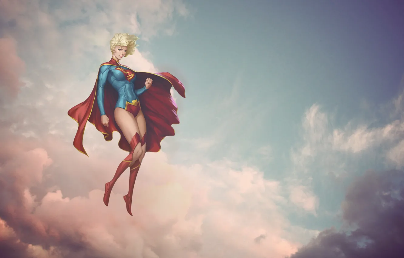 Photo wallpaper girl, clouds, pink, supergirl