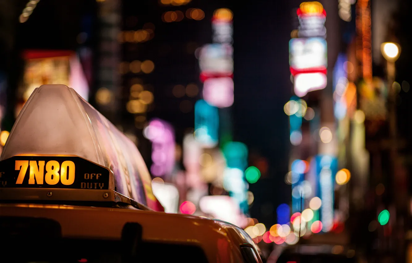 Photo wallpaper machine, night, the city, lights, skyscrapers, taxi, colorful, bokeh