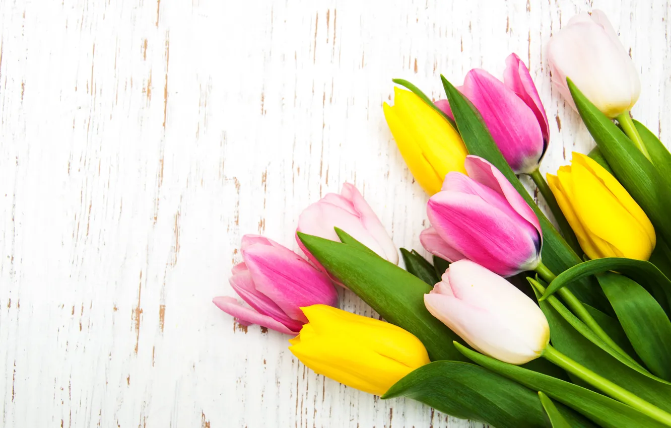 Photo wallpaper flowers, bouquet, tulips, pink, yellow, wood, pink, flowers