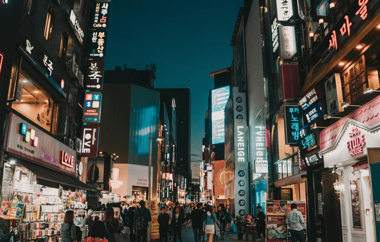 Photo wallpaper the city, lights, people, the evening, sign, Seoul, showcase, South Korea