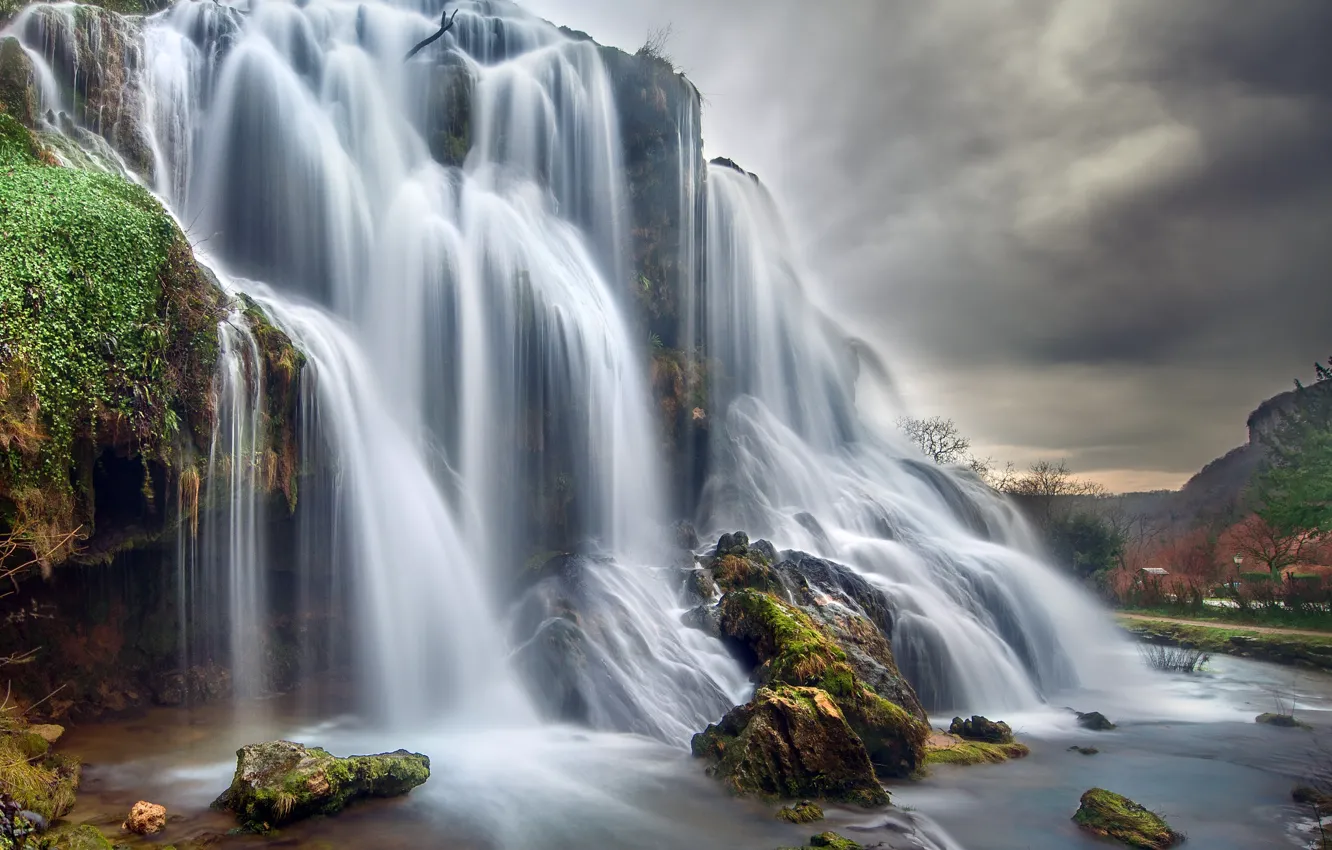 Photo wallpaper clouds, rocks, waterfall