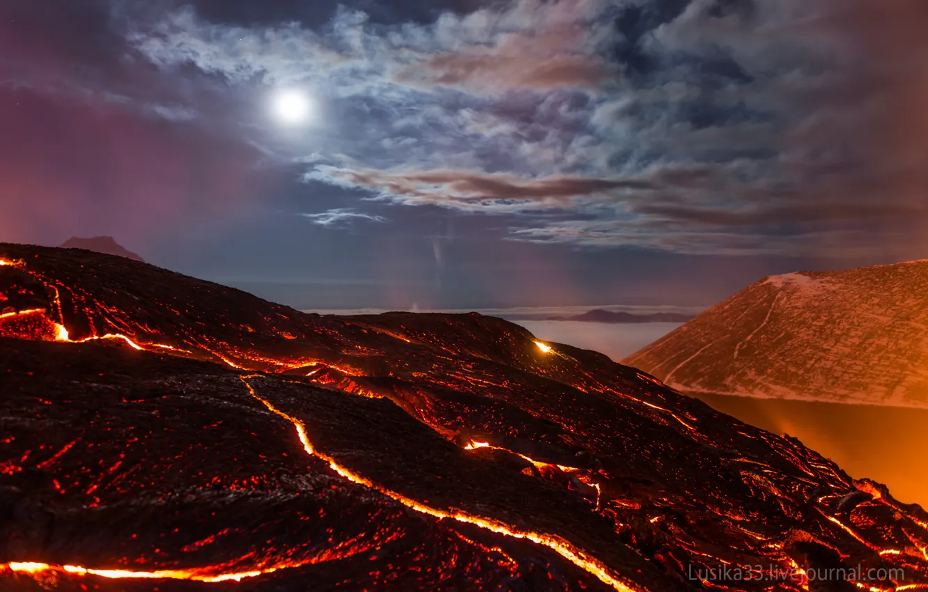 Photo wallpaper sea, the sky, stars, clouds, light, night, rocks, the volcano